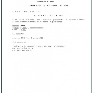 Certificato di esistenza in vita